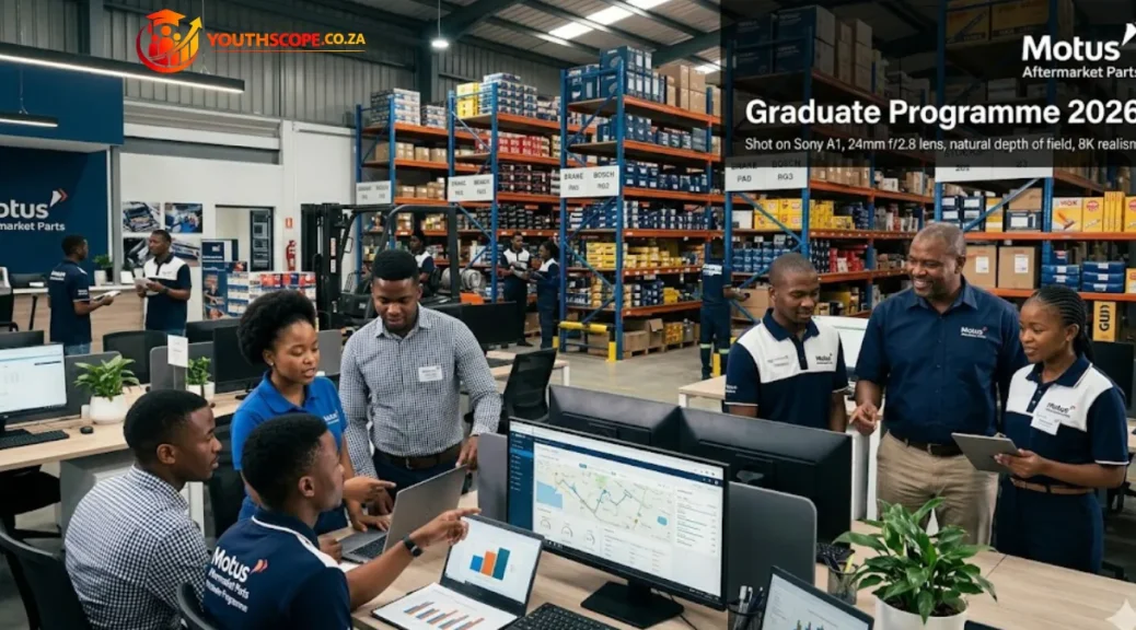 Young South African graduates gaining workplace experience in a professional automotive operations and warehouse environment.