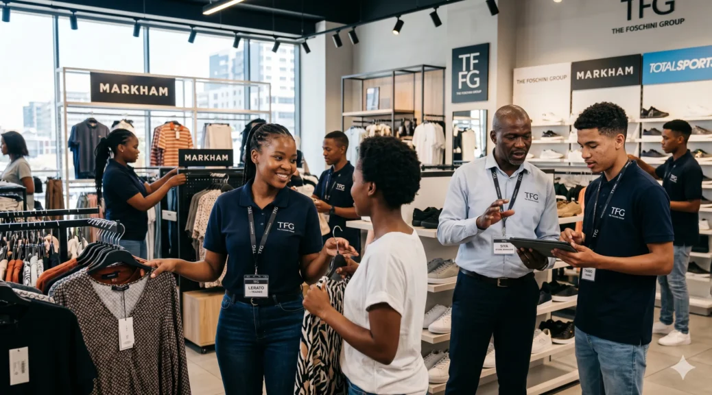 Young South African retail trainees working and learning inside a modern store environment during a youth development programme.