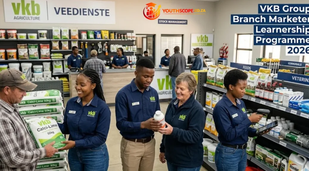 Young South African learners working in a modern agricultural retail branch during the VKB Group Branch Marketer Learnership Programme.
