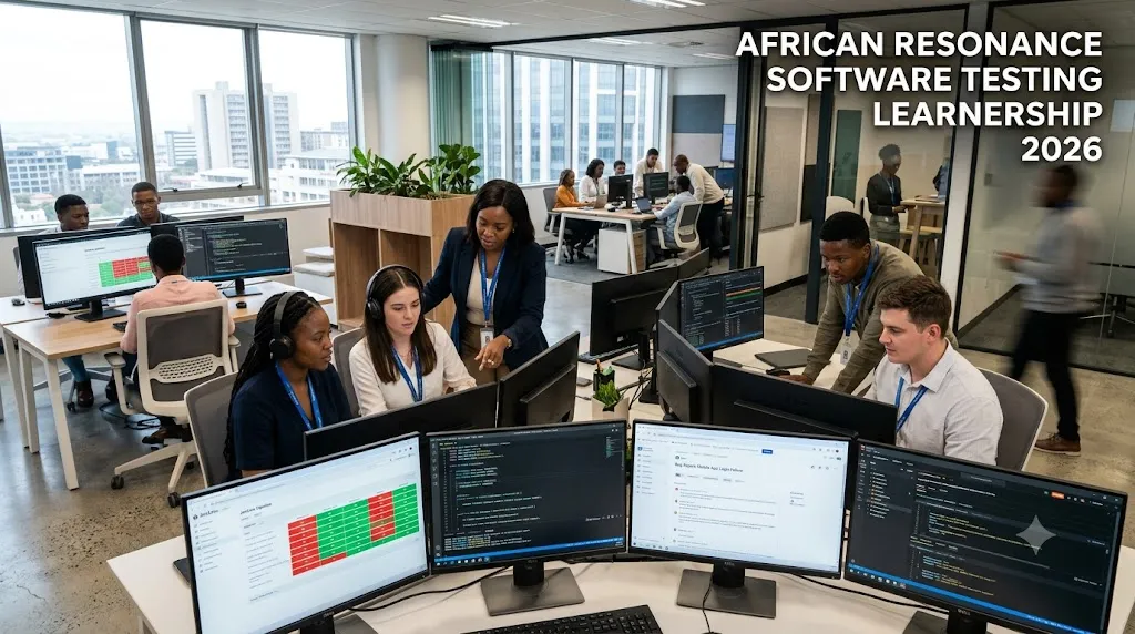 Young South Africans receiving software testing training in a modern fintech workplace.