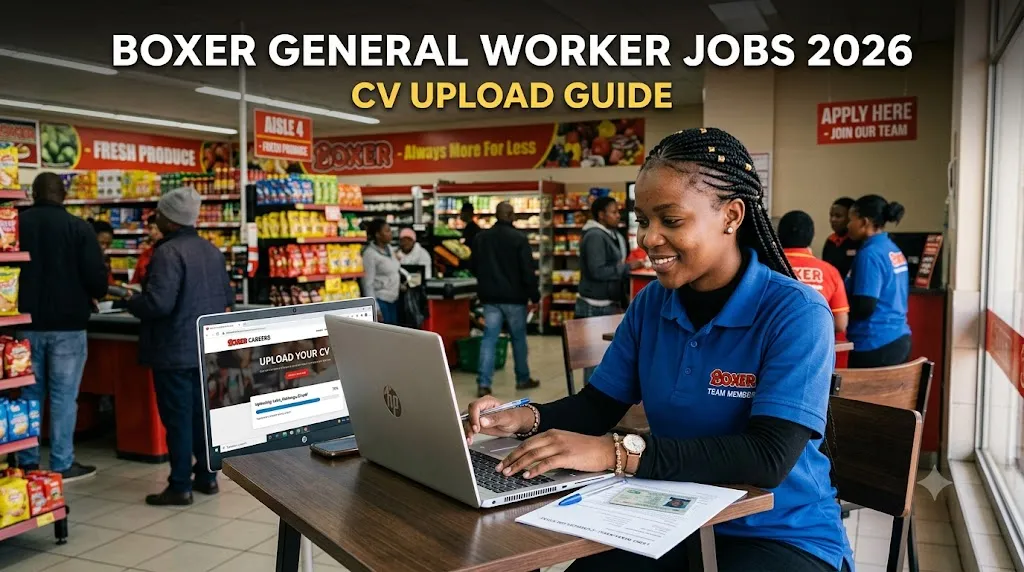 Young job seeker applying online for Boxer General Worker job using laptop