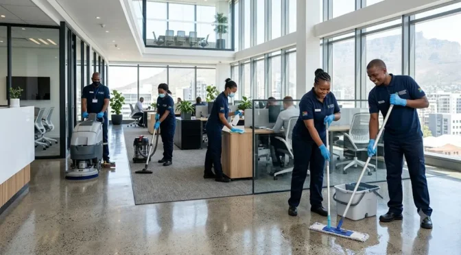 Professional cleaners working in a commercial building in KwaZulu-Natal.