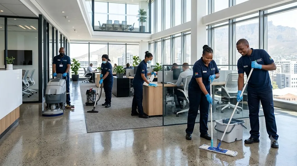 Professional cleaners working in a commercial building in KwaZulu-Natal.