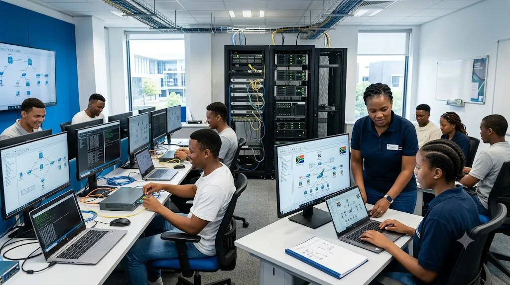 Young South African IT graduates receiving Systems Support networking training in a modern ICT laboratory.