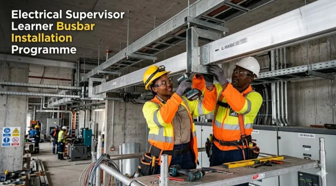 Electrical installation learner receiving practical busbar installation training in Gauteng.