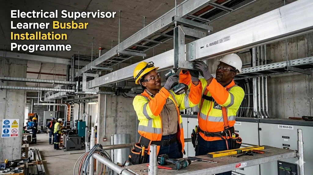 Electrical installation learner receiving practical busbar installation training in Gauteng.