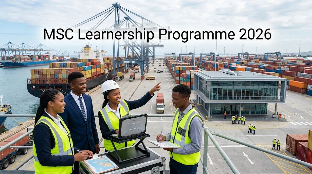 Young South African learners receiving logistics and shipping training at a container terminal.