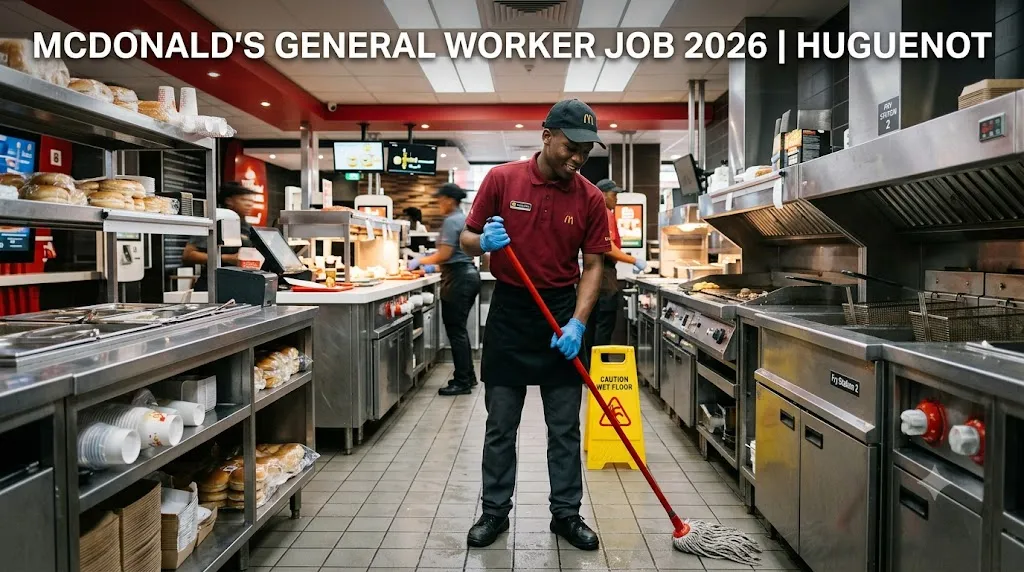 General worker cleaning McDonald’s restaurant kitchen in Huguenot Western Cape