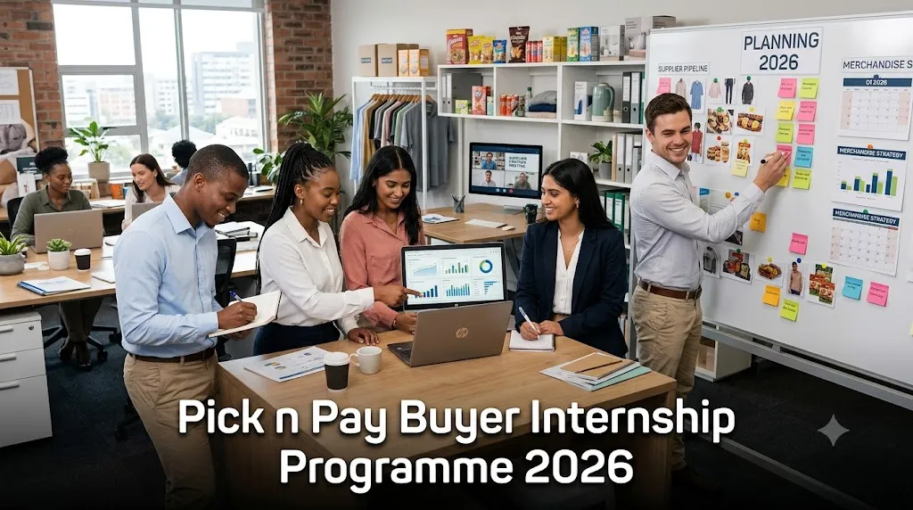 South African graduates participating in a retail buying internship in a modern office environment.