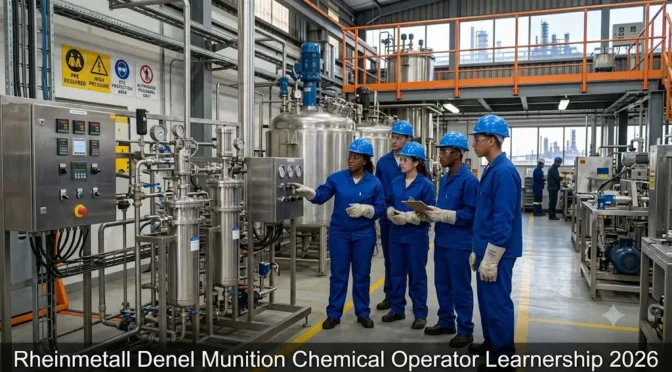 Young South African learners receiving chemical operator training inside a manufacturing plant.