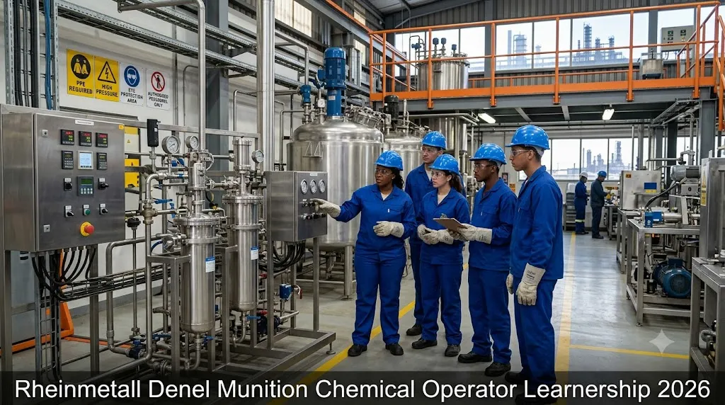 Young South African learners receiving chemical operator training inside a manufacturing plant.