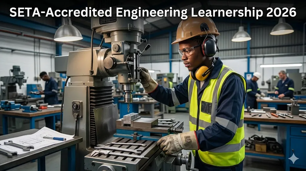 Young engineering learner receiving technical training in a workshop during the SETA-Accredited Engineering Learnership 2026.