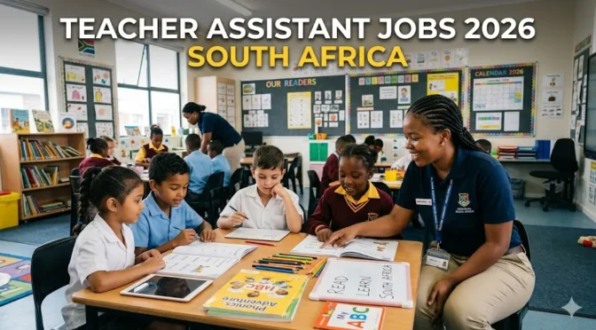 Teacher assistant helping learners in a South African classroom.
