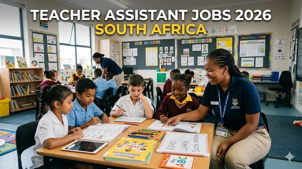 Teacher assistant helping learners in a South African classroom.