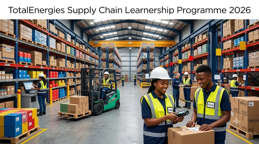 Young South Africans participating in a supply chain learnership inside a modern warehouse.