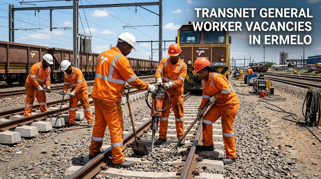 General workers performing rail infrastructure maintenance in South Africa.
