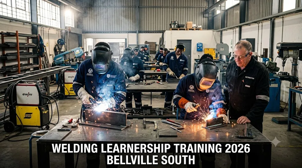 Welding learnership students training in a South African workshop using MIG and ARC welding equipment