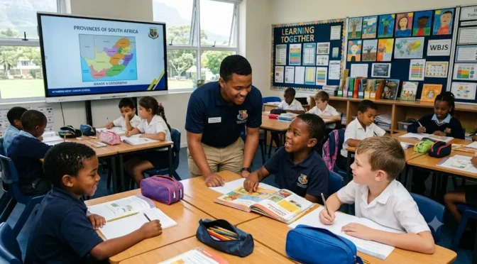 Student teacher assisting learners during the Wynberg Boys' Junior School Teaching Learnership.