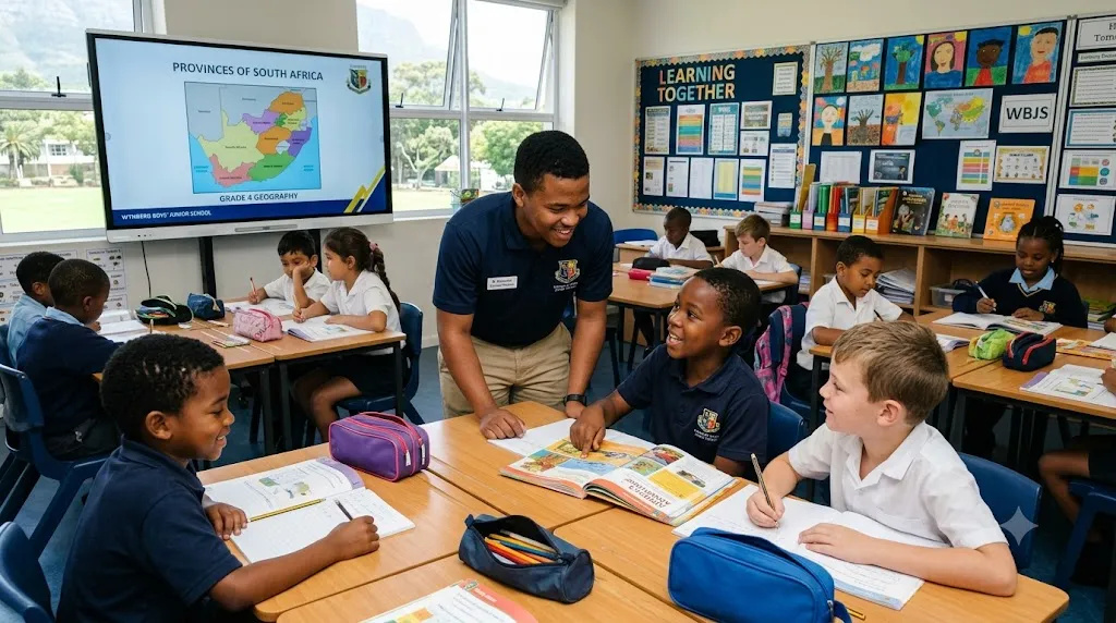 Student teacher assisting learners during the Wynberg Boys' Junior School Teaching Learnership.