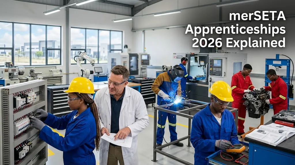 South African apprentice artisans receiving practical engineering training in a modern workshop.