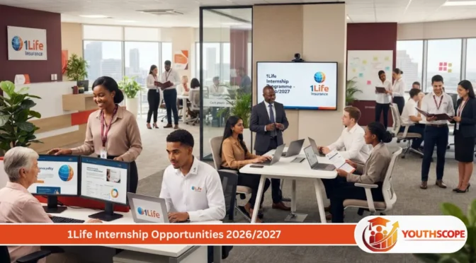 1Life Internship Opportunities 2026/2027 showing South African graduates working in an insurance company office.