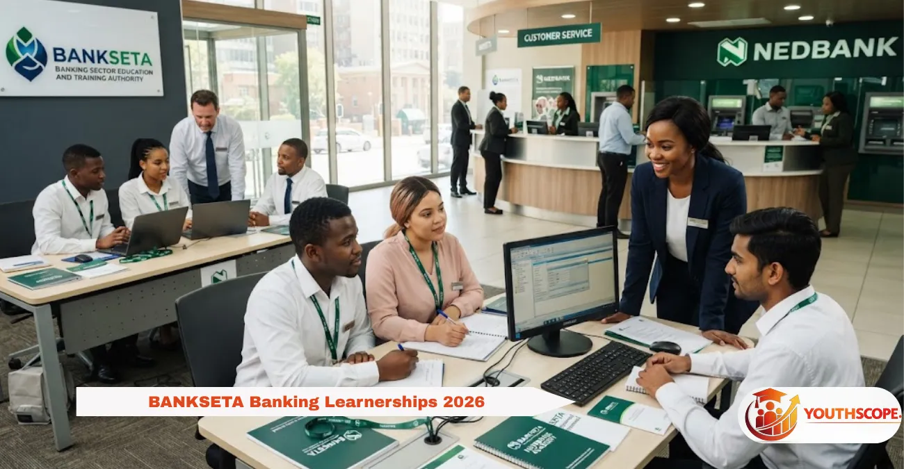 South African youth participating in a BANKSETA-supported banking learnership in a professional banking workplace.
