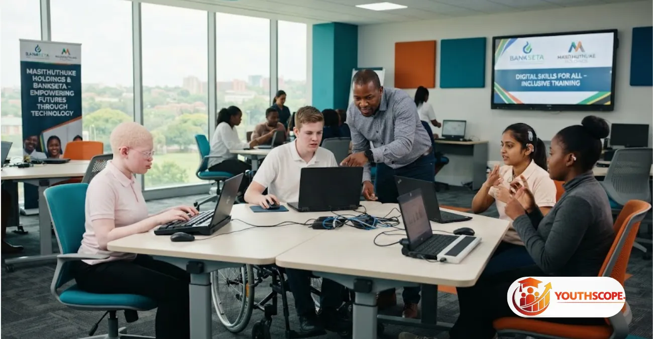 Young South Africans living with disabilities receiving cybersecurity and digital skills training through the BANKSETA Disability Skills Development Programme.