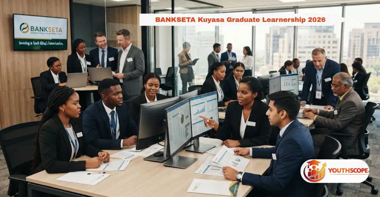 Young South African graduates participating in the BANKSETA Kuyasa Graduate Learnership in a professional banking workplace.