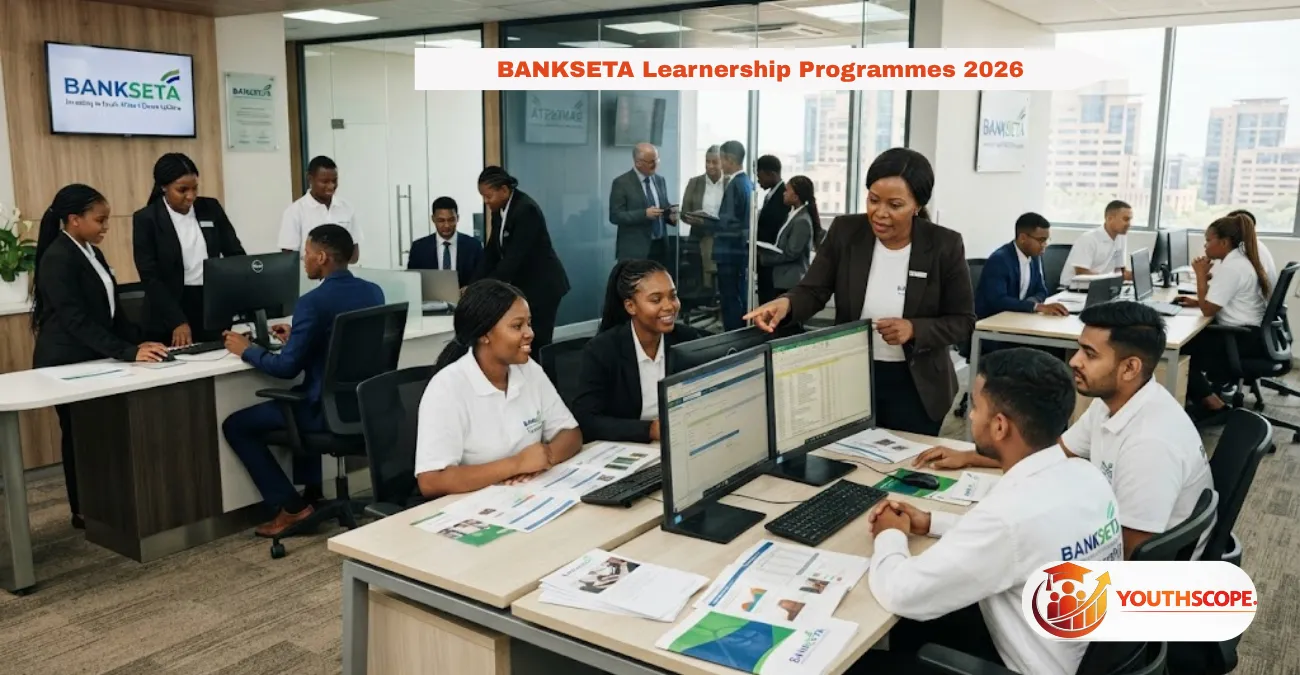 South African youth and graduates participating in the BANKSETA Letsema and Kuyasa Learnership Programmes in a modern banking workplace.