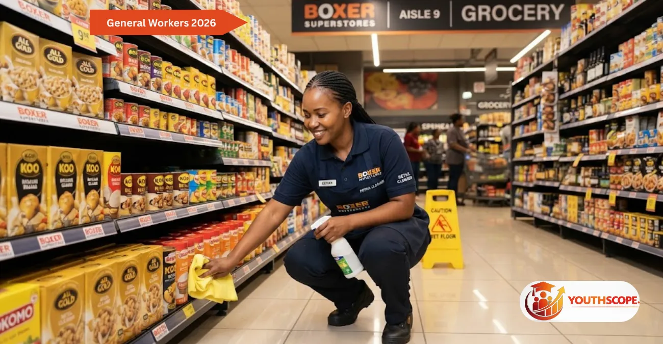 Cleaner working inside a Boxer Superstores branch in KwaZulu-Natal.