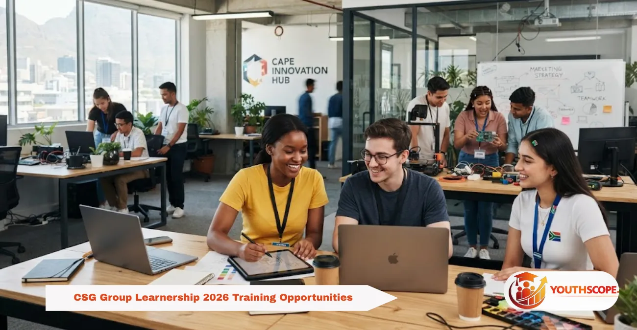 Diverse South African youth participating in professional workplace learnership training and development.