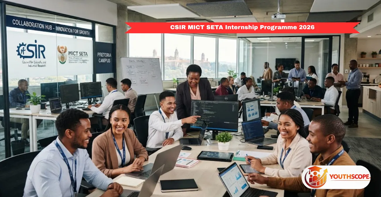 South African graduates participating in the CSIR MICT SETA Internship Programme 2026 in a modern workplace.