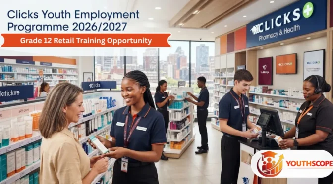 Clicks Youth Employment Programme 2026/2027 for unemployed South African Grade 12 youth aged 18–29 receiving retail training.