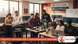 Young South African learners completing CompTIA A+ IT training during a Johannesburg technology learnership.