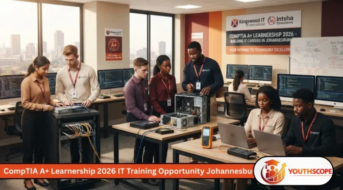 Young South African learners completing CompTIA A+ IT training during a Johannesburg technology learnership.
