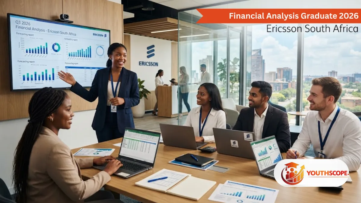 Young South African finance graduates collaborating in a modern Ericsson office during the Financial Analysis Graduate Programme 2026.