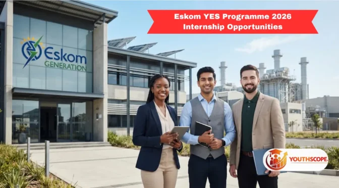 A young professional standing in front of an Eskom-style energy facility.