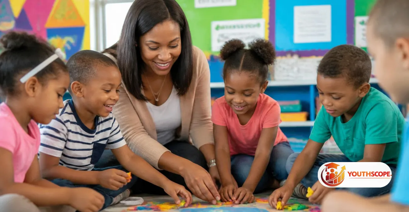 Early Childhood Development practitioner engaging with young children in a classroom.