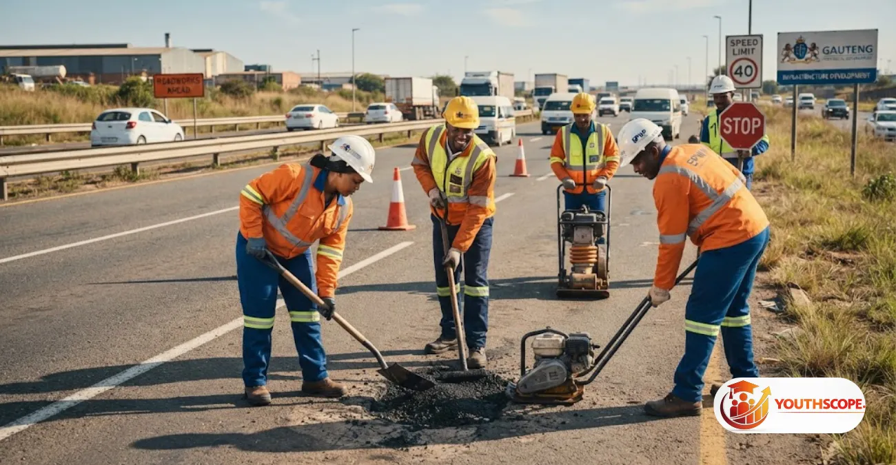 Road workers repairing and maintaining provincial roads in Gauteng under government infrastructure programme