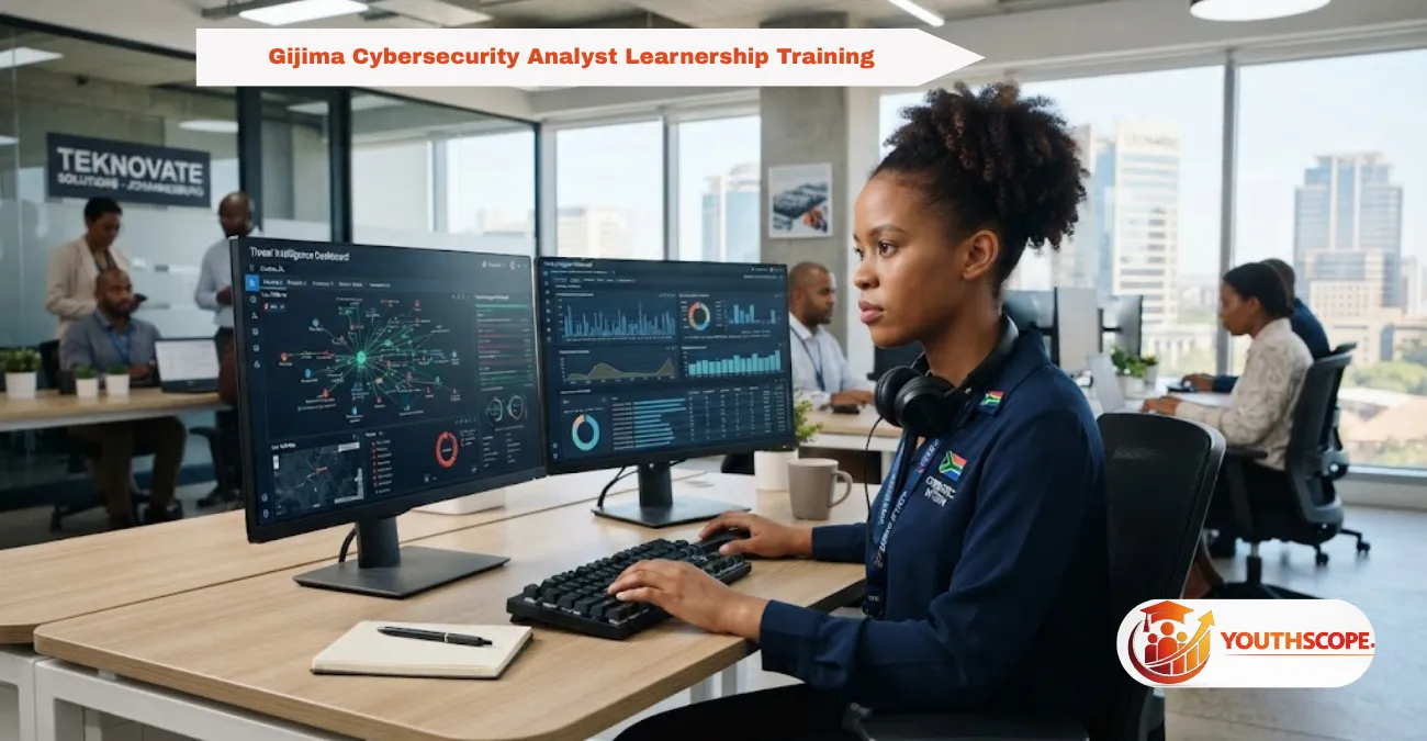 A young South African trainee working in a cybersecurity environment at a modern IT office.