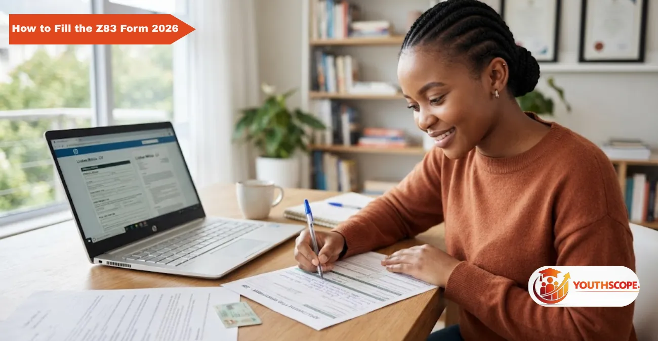 Young South African filling Z83 government job application form at a desk