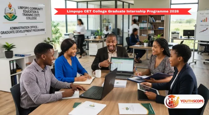 Young South African graduates participating in the Limpopo CET College Graduate Internship Programme 2026 in a professional office environment.