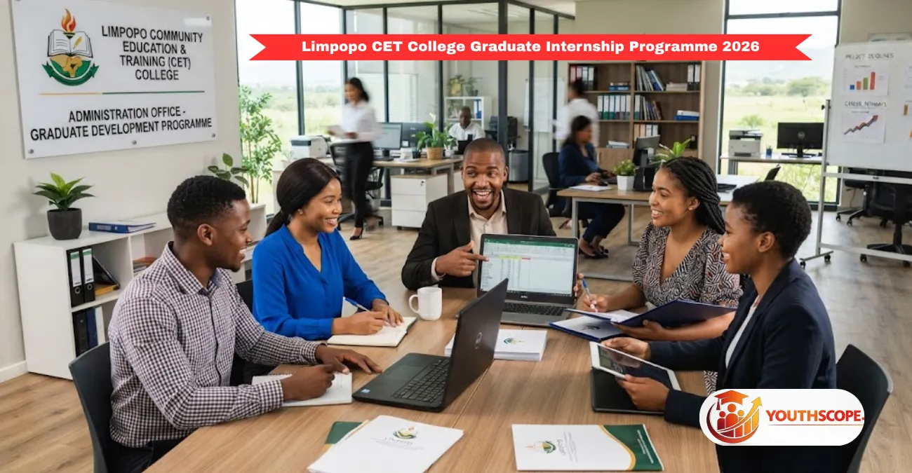Young South African graduates participating in the Limpopo CET College Graduate Internship Programme 2026 in a professional office environment.