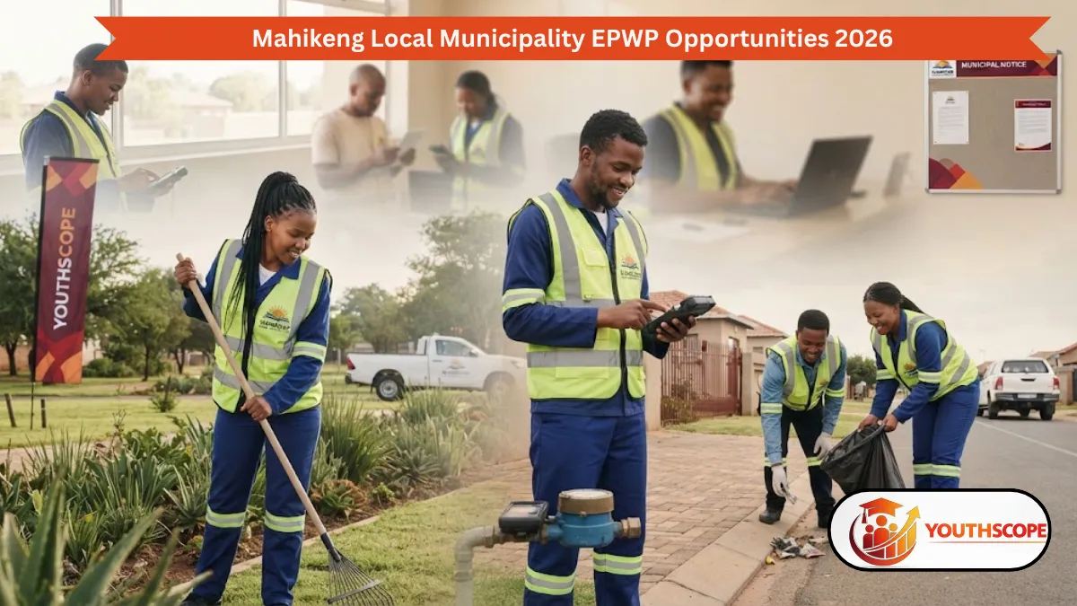 Young South African EPWP workers cleaning streets and providing municipal services during the Mahikeng Local Municipality EPWP Programme 2026.