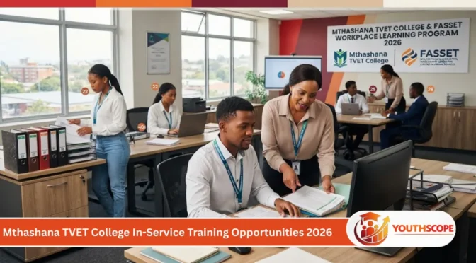 Mthashana TVET College graduates participating in FASSET-funded workplace training in a professional office.