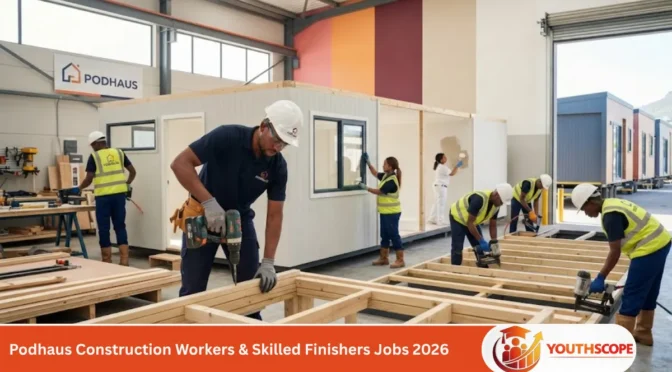 South African construction workers assembling modular homes at the Podhaus manufacturing facility in Cape Town.