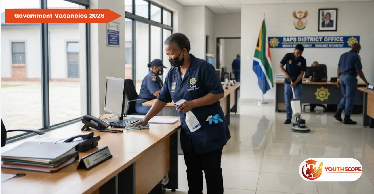 Cleaner working inside a SAPS government office representing 2026 cleaning job vacancies
