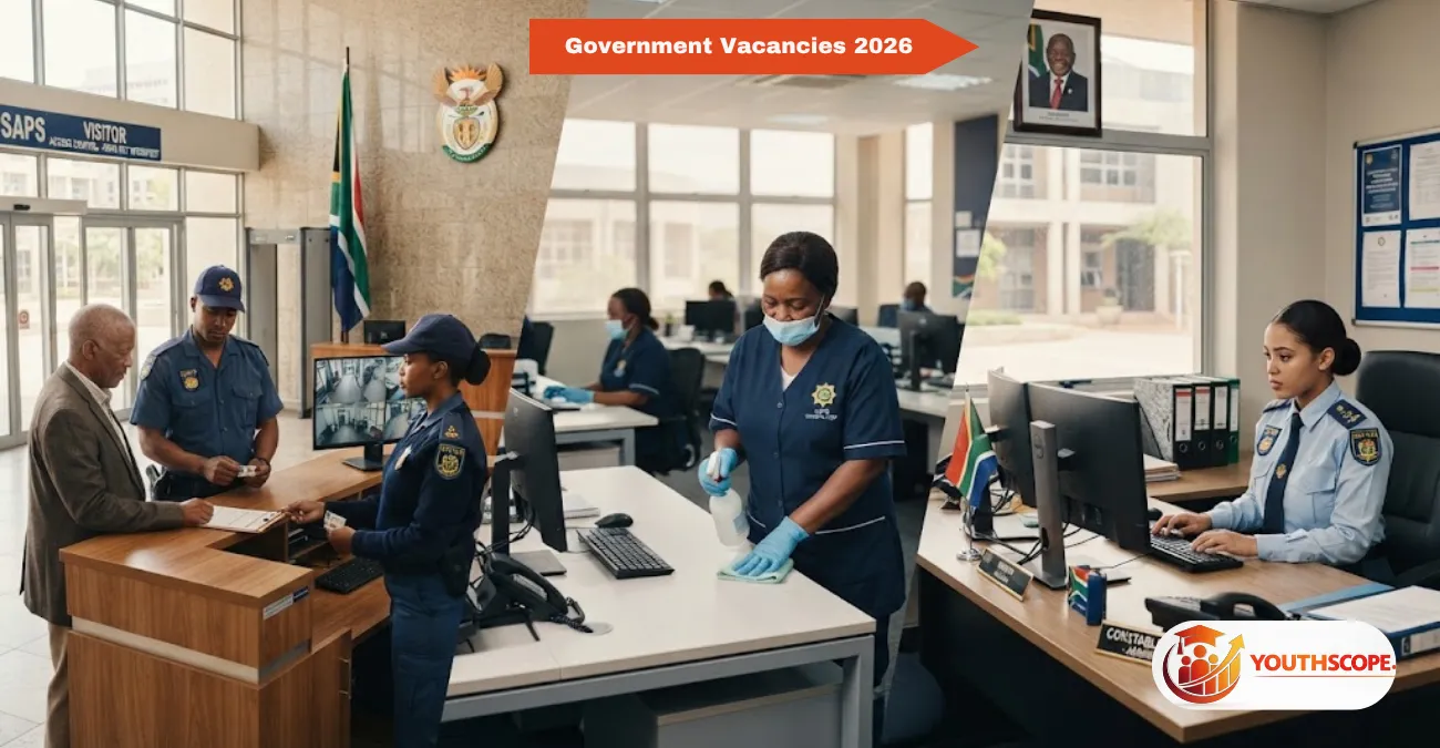 SAPS recruitment 2026 showing security, cleaner, and admin clerk government jobs in South Africa