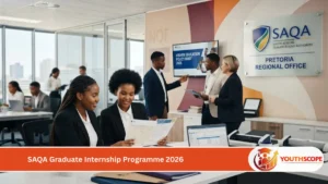 Young South African graduates participating in the SAQA Graduate Internship Programme in a modern education and public administration office.