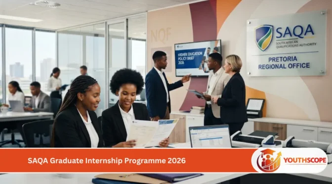Young South African graduates participating in the SAQA Graduate Internship Programme in a modern education and public administration office.